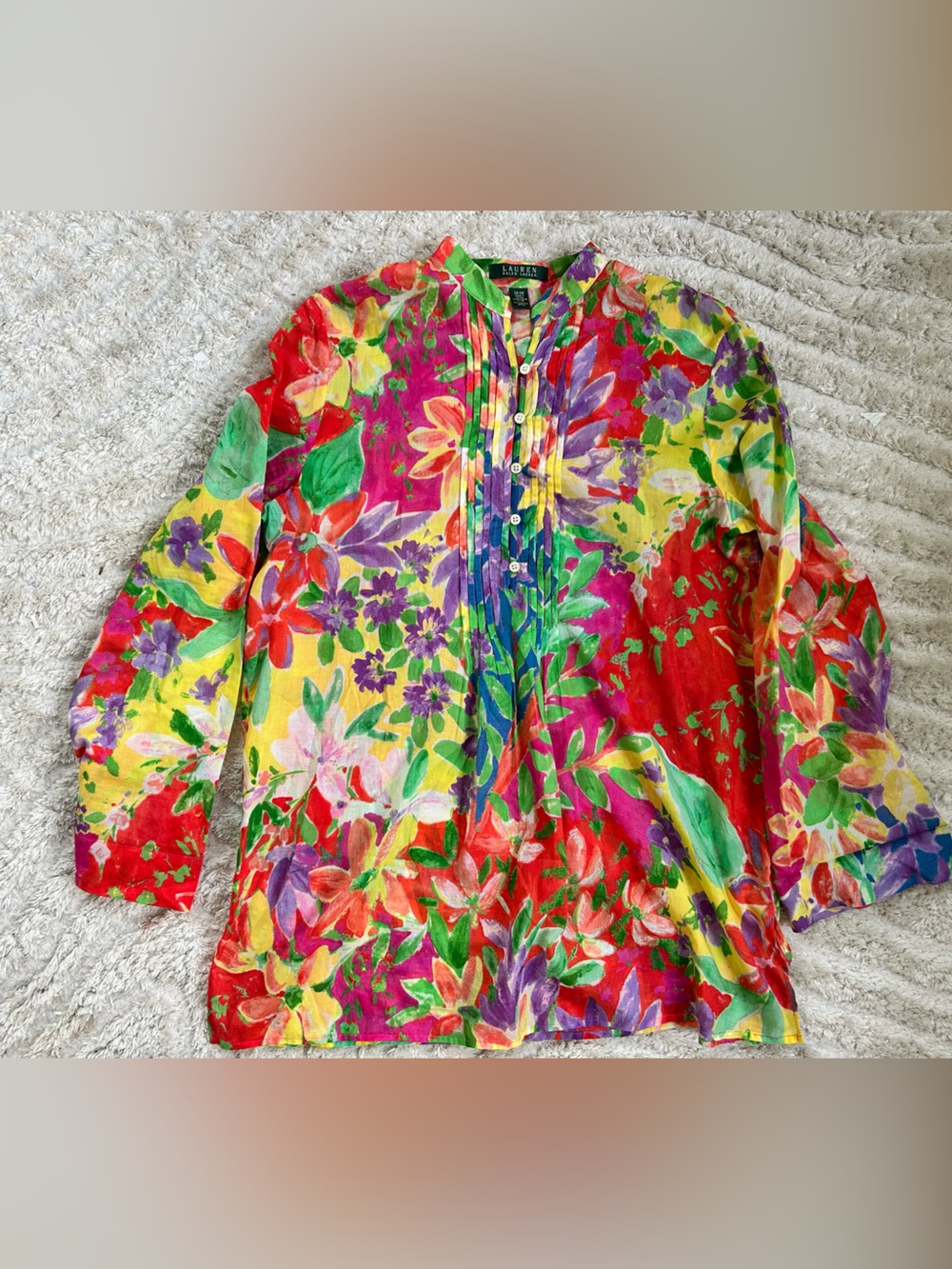 Lauren by Ralph Lauren 100% Cotton Colorful Floral Button Front Tunic